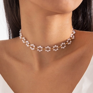Flower Faux Artificial Pearl Choker Necklace Bracelet And Hook Earrings For Women Elegant Bohemian Gold Plated Adjustable Jewelry