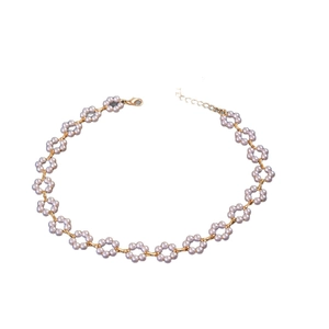Retro lavender pearl flower choker necklace with gold chain and lobster clasp on white