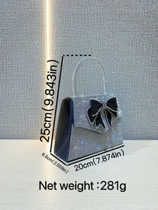 Silver rhinestone evening clutch with black bow and trapezoid design for parties