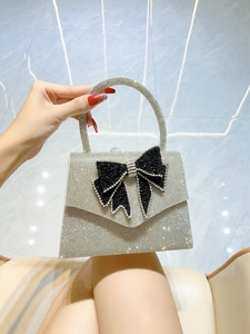 Detail of silver rhinestone evening handbag featuring a bicolor crystal butterfly bow
