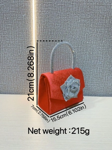 Elegant red velvet rose evening bag with silver crystal handle and rhinestone flower