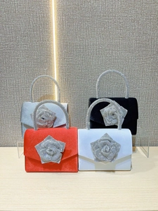 Velvet evening clutch bags with 3D rhinestone rose flower and crystal top handles