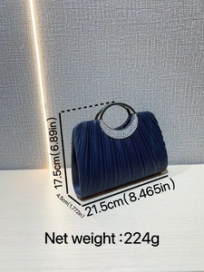 Navy blue pleated evening bag with sparkling fabric and rhinestone round metal handle