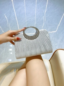 Elegant Pleated Satin Evening Handbag With Rhinestone Round Metal Handle Luxury Clutch For Women Wedding Party Banquet