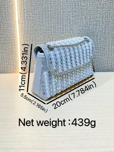 Elegant silver evening bag with white pearls and rhinestones, includes chain strap