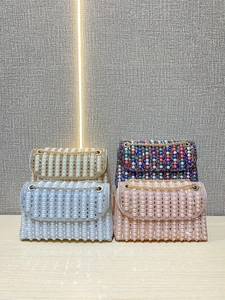 Elegant evening bags with pearl and rhinestone inlay in gold blue and pink with chain straps
