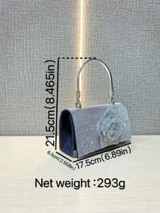 Silver rhinestone handbag with 3D rose ornament and metal handle for evening parties