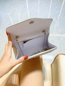 Sparkly silver rhinestone evening clutch bag with detachable chain strap and inner pocket