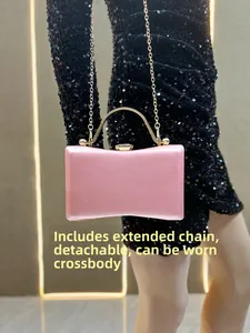 Pink satin evening clutch bag with gold handle and detachable long shoulder chain