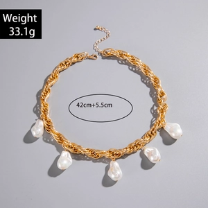 Chunky gold chain necklace with five baroque pearls 42cm length for women