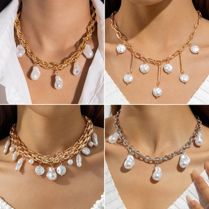 Retro Chunky Chain Necklace Alloy Faux Artificial Baroque Pearl Geometric Pendant Punk Style Women