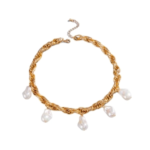 Golden woven rope chain necklace featuring five white baroque pearl pendants in a row