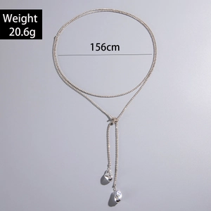 Cadena de cuerpo plateada con diamantes y colgantes de gotas irregulares, largo 156cm