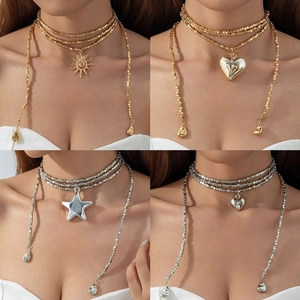 Collar Largo de Varias Capas con Colgante de Corazón Estrella y Gota de Agua de Strass Joyería de Moda para Mujer