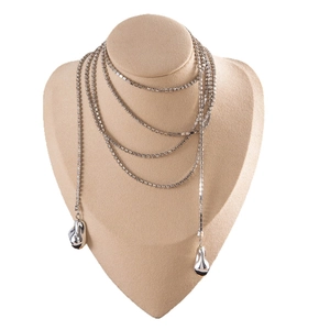 Cadena de cuerpo multicapa con diamantes de imitación y colgantes de gota de plata