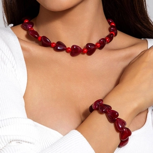 Collier Et Bracelet En Perles De Résine Rouge Romantique Coeur Cerise Bijoux Esthétiques Pour Femmes Filles Cadeau Valentin