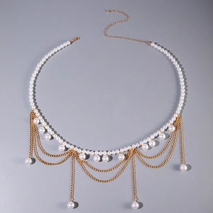 Chaîne de taille vintage à perles multicouches avec franges dorées pour femme