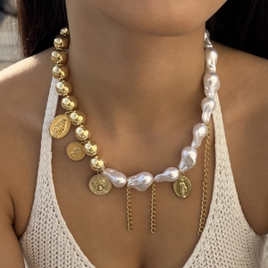 Collana Asimmetrica Künstliche Perle Oro Lega Perla Artificial Imitazione Barocca Pendenti Moneta Catena Nappe Gioielli Retro