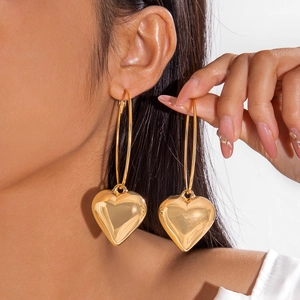 Heart Dangle Hoop Earrings Alloy Metallic Shiny Gold Minimalist Fashion Commute Jewelry For Women With Iron Earring Post