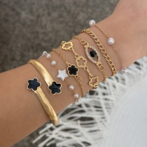 Alloy Bracelet Bangle Collection With Imitation Artificial Pearls Evil Eye And Clover Flower Charm Fashion Jewelry For Women