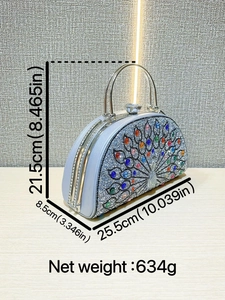 Peacock evening bag with colorful crystals and semi-circular design for women