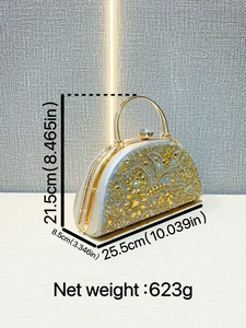 Elegant gold rhinestone evening clutch bag with ornate floral patterns and dimensions