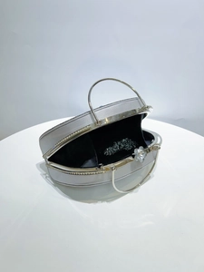 Macro shot of silver evening bag with crystal floral clasp and detachable chain strap