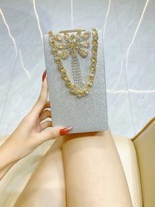 Close-up of silver sequin evening clutch with crystal butterfly and gold rhinestone chain