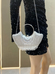 Detail of silver rhinestone evening clutch bag with metal handle and tassel fringe