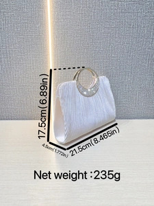 Silver pleated evening clutch bag with rhinestone ring handle and metal chain strap