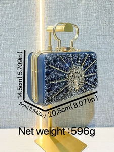 Navy blue evening clutch bag with peacock relief, crystal embellishments and ring handle