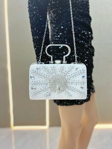 Macro detail of white peacock evening bag with crystals, silver handle, and chain strap