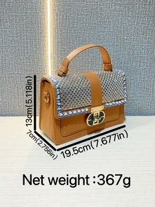 Brown handbag with crystals and gold lock, size 19.5x13x7cm and weight 367g
