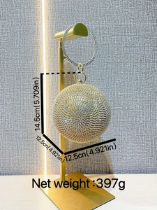 Sparkling spherical silver rhinestone evening bag with elegant golden ring handle