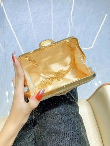 Elegant gold pleated evening clutch with rhinestones and detachable metal chain strap