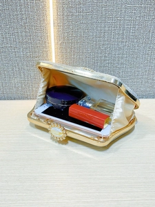 Internal view showing champagne evening bag capacity for phone, lipstick and perfume