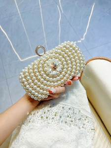 Luxurious Women Faux Artificial Pearl Evening Clutch Bag With Rhinestone Flower Decoration Metal Ring Buckle Wedding Banquet Handbag