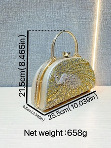 Elegant semicircular dinner clutch with gold silver rhinestones and metal handle