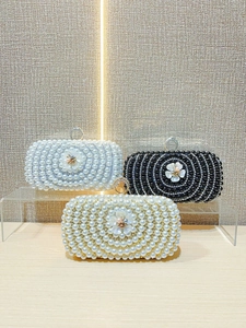 Elegant pearl evening clutch bags with floral rhinestone rings in white, black, and champagne