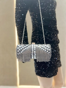 Macro view of silver rhinestone evening clutch bag with fringe detail and metal chain