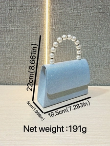 Detail of light blue evening bag showing pearl handle and dimensions: 22x18.5x5cm