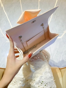Elegant bow satin clutch evening bag with metal chain strap and magnetic snap closure