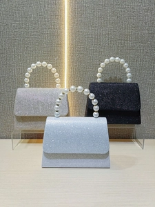 Elegant square evening clutch bag with sparkling glitter and luxury pearl top handle