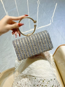Elegant Rhinestone Evening Clutch Bag Shiny Glitter Striped Metal Ring Handle Handbag For Women Wedding Party Prom