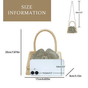 Size chart showing dimensions of gold rhinestone evening bag with chain strap