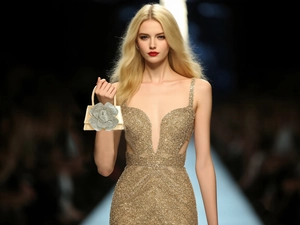 Close-up of gold sequin evening dress and clutch bag with silver flower embellishment