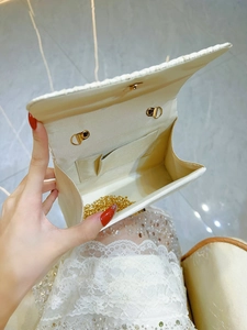 Elegant beige beaded evening clutch bag with gold chain strap and smooth interior