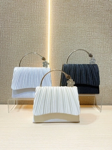 Elegant pleated evening clutch bags with rhinestone floral handles in silver, black and beige