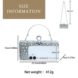 Detailed dimensions of silver rhinestone clutch with pearl floral design and chain