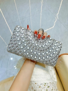 Women Evening Clutch Bag Silver Rhinestone Artificial Pearl Floral Metal Hard Shell Handbag For Party Wedding Formal Elegant